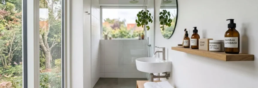 Salle de bain contemporaine épurée avec produits cosmétiques naturels disposés sur étagère en bois clair, lumière naturelle douce