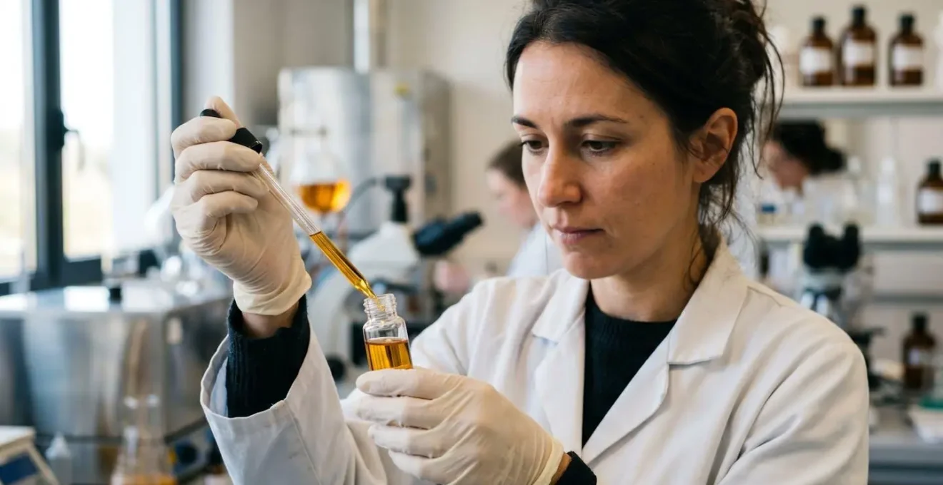 Vue rapprochée d'un scientifique manipulant une pipette pour analyser un échantillon de CBD dans un laboratoire français