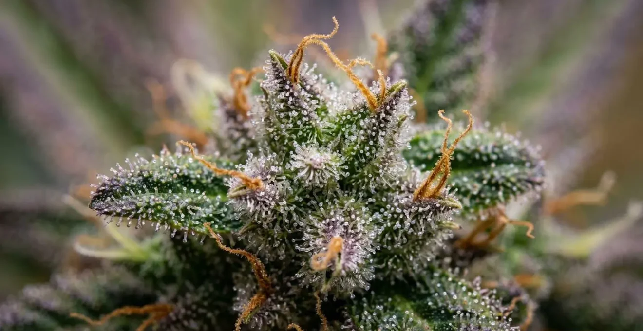 Gros plan macro sur les trichomes cristallins d'une fleur de CBD révélant la qualité des terpènes