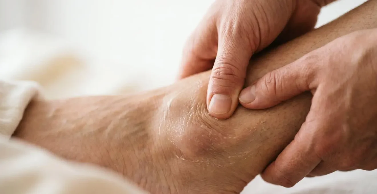 Gros plan sur des mains appliquant un baume naturel avec technique de massage profond sur une cheville