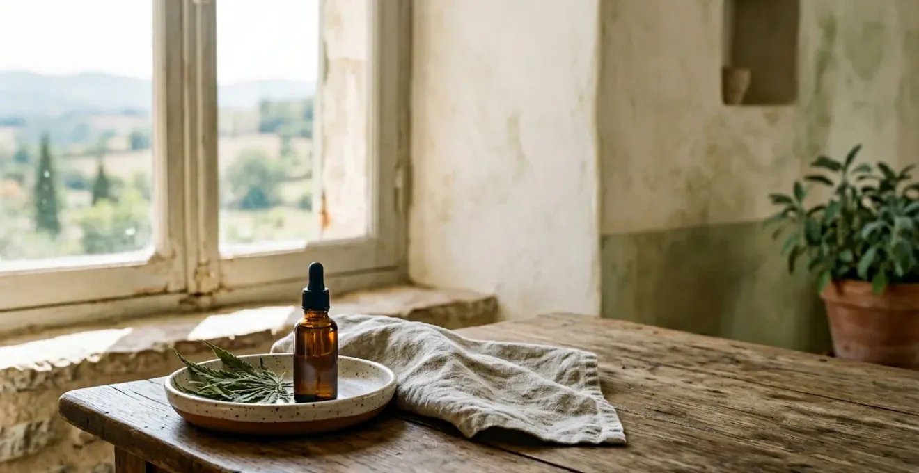 Composition minimaliste mettant en scène une ambiance de bien-être quotidien avec des éléments naturels évoquant le rituel santé au CBD