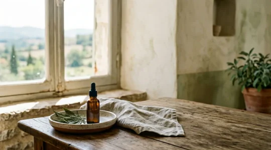 Composition minimaliste mettant en scène une ambiance de bien-être quotidien avec des éléments naturels évoquant le rituel santé au CBD