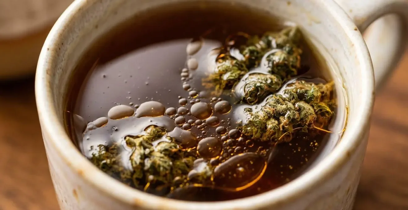 Gros plan sur de l'huile de coco dorée se mélangeant à une infusion de chanvre dans une tasse artisanale