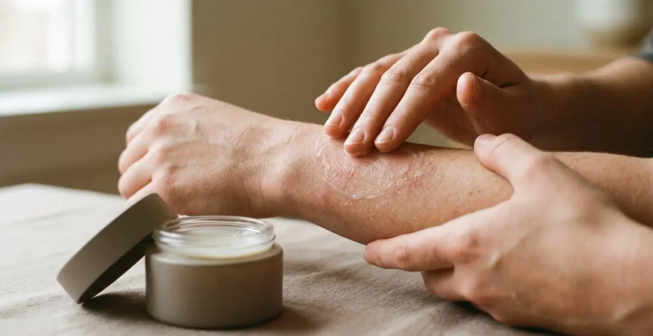 Application d'un soin cosmétique au CBD sur une peau présentant des signes d'inflammation dermatologique
