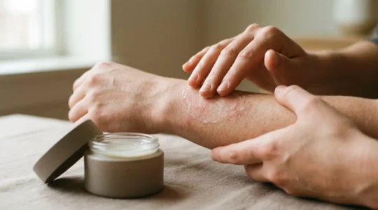 Application d'un soin cosmétique au CBD sur une peau présentant des signes d'inflammation dermatologique