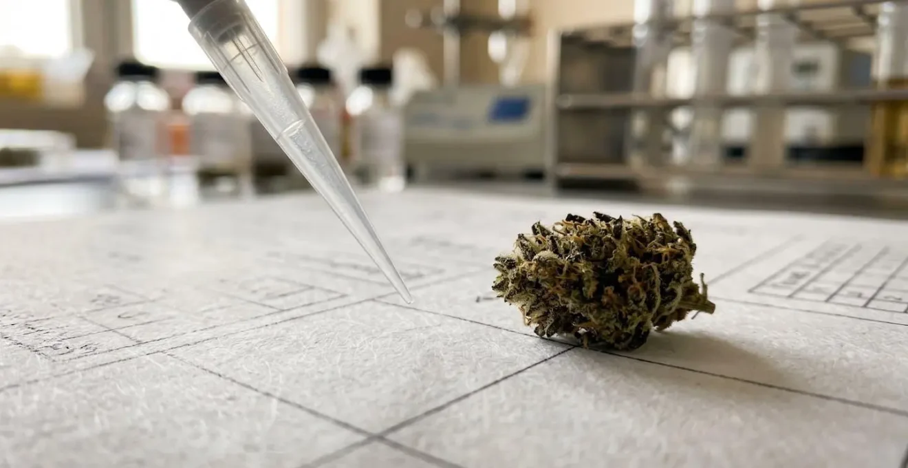 Gros plan macro sur un document de certificat d'analyse de laboratoire CBD montrant des valeurs de cannabinoïdes avec pipette de précision et échantillon de chanvre