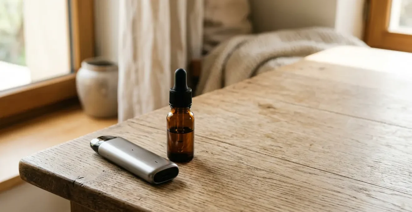Cigarette électronique pod moderne pour CBD avec flacon d'e-liquide sur fond minimaliste