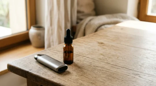 Cigarette électronique pod moderne pour CBD avec flacon d'e-liquide sur fond minimaliste