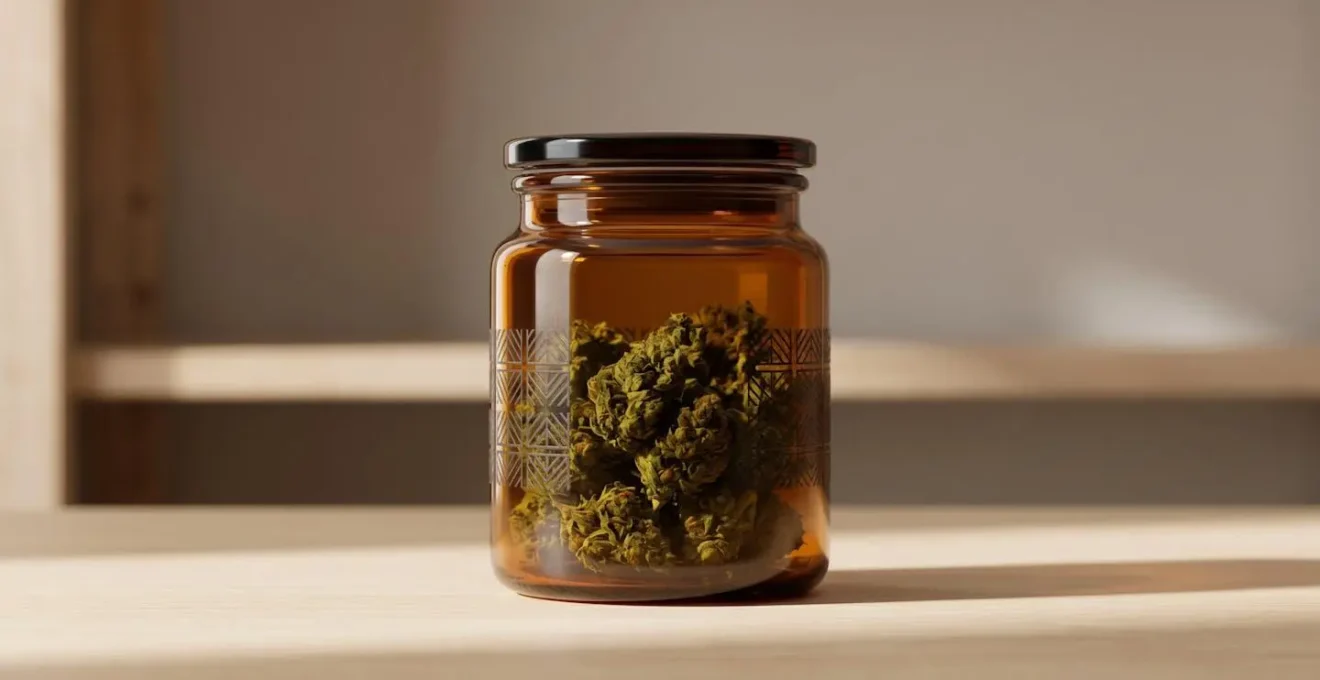 Bocal en verre hermétique ambré préservant des fleurs de CBD de qualité à l'abri de la lumière et de l'humidité
