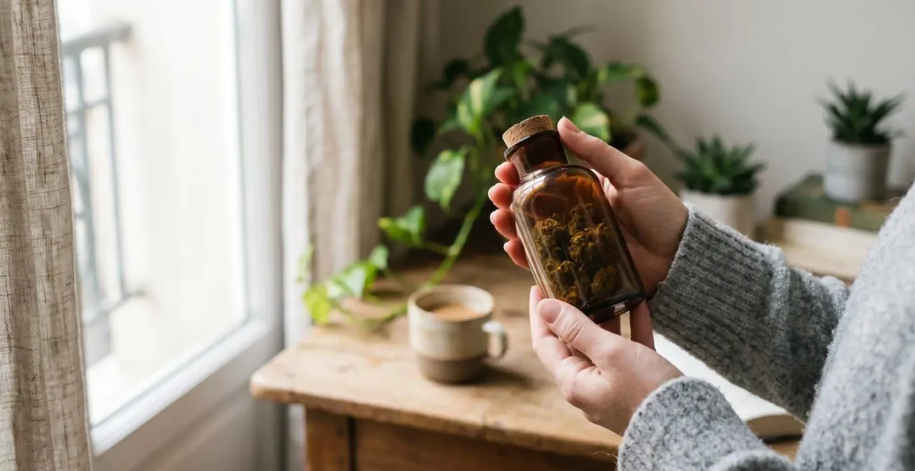 Plan moyen d'une personne vérifiant avec attention l'étiquette d'un produit CBD dans un environnement naturel et lumineux