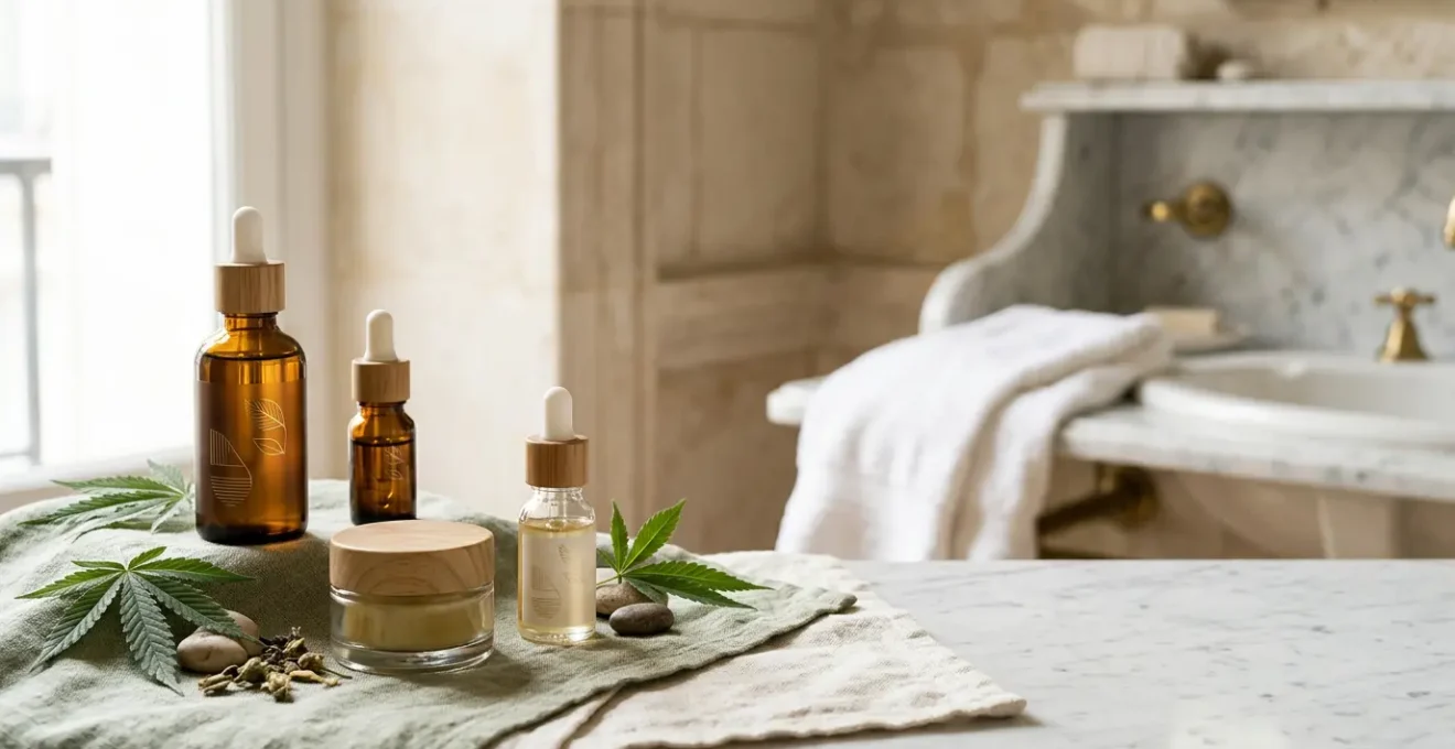 Composition minimaliste de cosmétiques au CBD et chanvre bio disposés harmonieusement sur fond naturel épuré