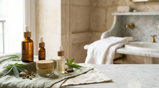 Composition minimaliste de cosmétiques au CBD et chanvre bio disposés harmonieusement sur fond naturel épuré