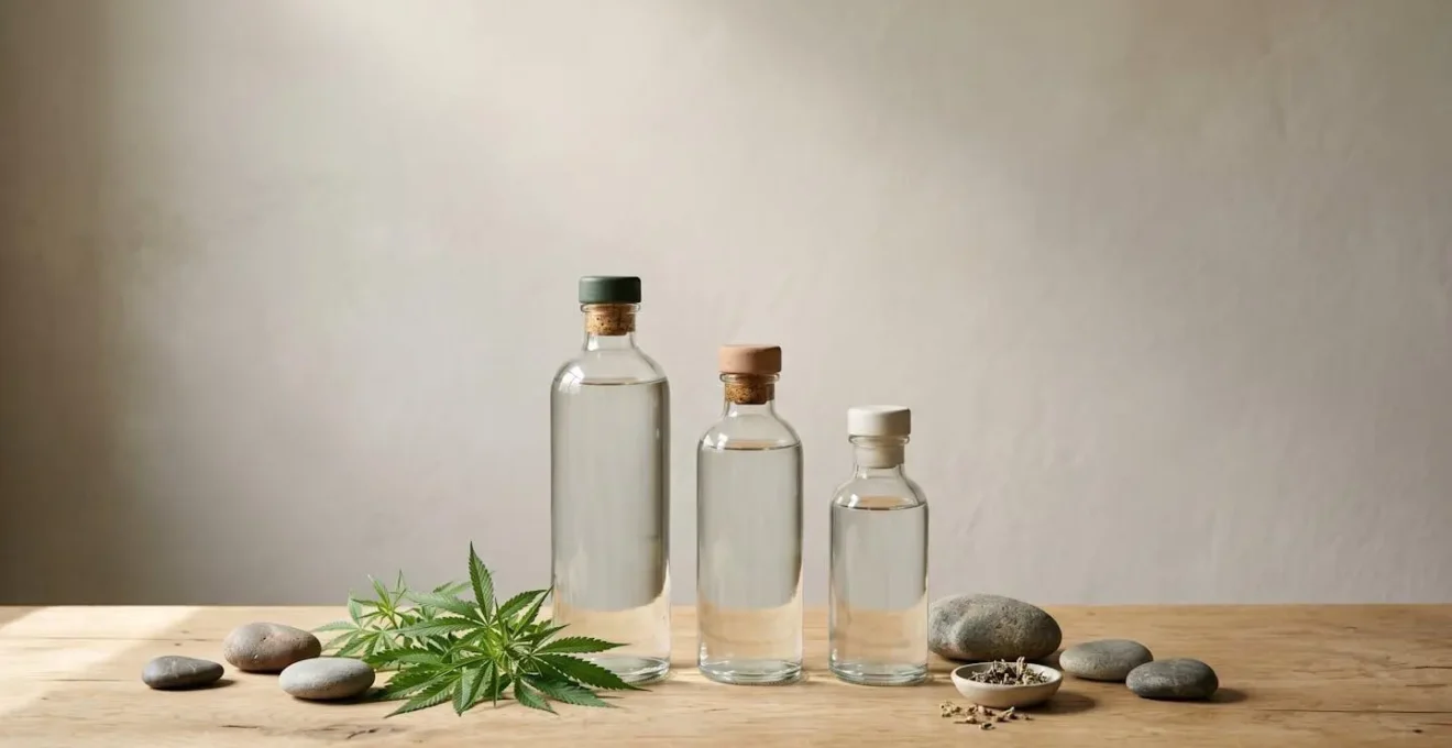 Composition minimaliste de flacons d'e-liquide CBD de différentes concentrations sur fond neutre avec éléments naturels