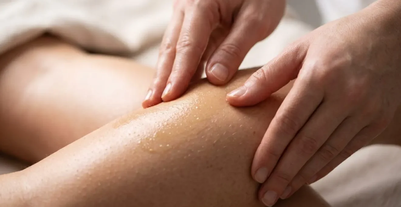Geste de massage lymphatique sur jambe avec mouvement ascendant, ambiance de soin naturel et bien-être