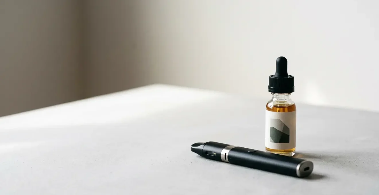 Cigarette électronique moderne et flacon d'e-liquide CBD dans une composition éditoriale minimaliste