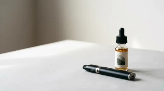 Cigarette électronique moderne et flacon d'e-liquide CBD dans une composition éditoriale minimaliste