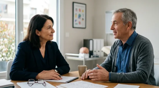 Personne en consultation médicale spécialisée dans un cadre clinique français moderne