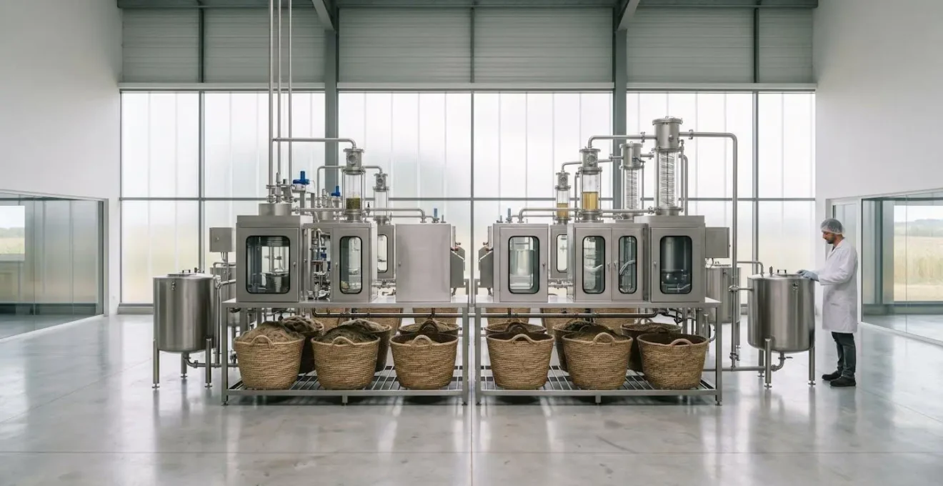 Évocation visuelle du processus d'extraction moderne du cannabidiol dans un environnement de production contrôlé