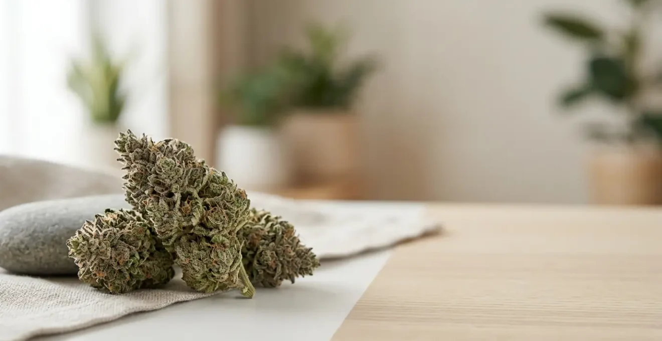 Fleurs de CBD biologiques dans une atmosphère apaisante évoquant le soulagement de l'anxiété