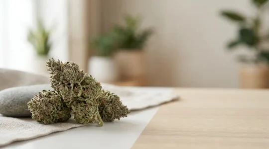 Fleurs de CBD biologiques dans une atmosphère apaisante évoquant le soulagement de l'anxiété