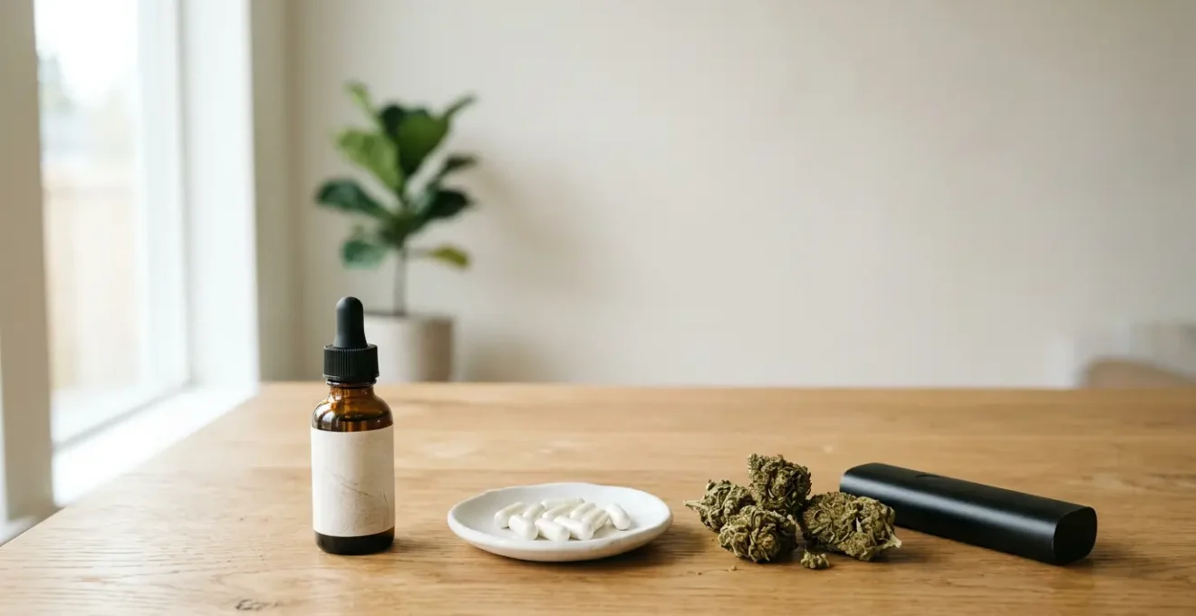 Différentes formes de CBD disposées dans une composition naturelle et minimaliste