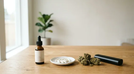 Différentes formes de CBD disposées dans une composition naturelle et minimaliste