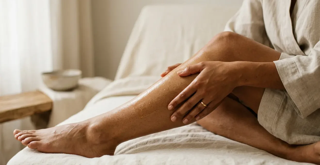 Mains appliquant délicatement une huile de massage naturelle sur des muscles fatigués, ambiance apaisante et réconfortante