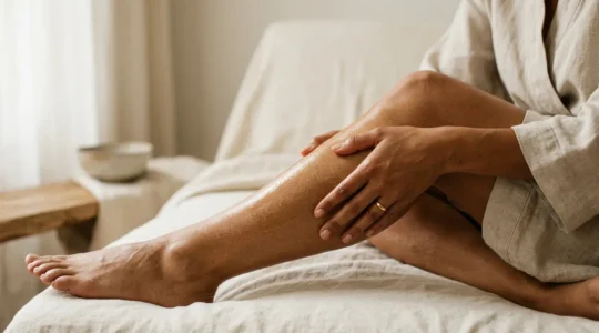Mains appliquant délicatement une huile de massage naturelle sur des muscles fatigués, ambiance apaisante et réconfortante