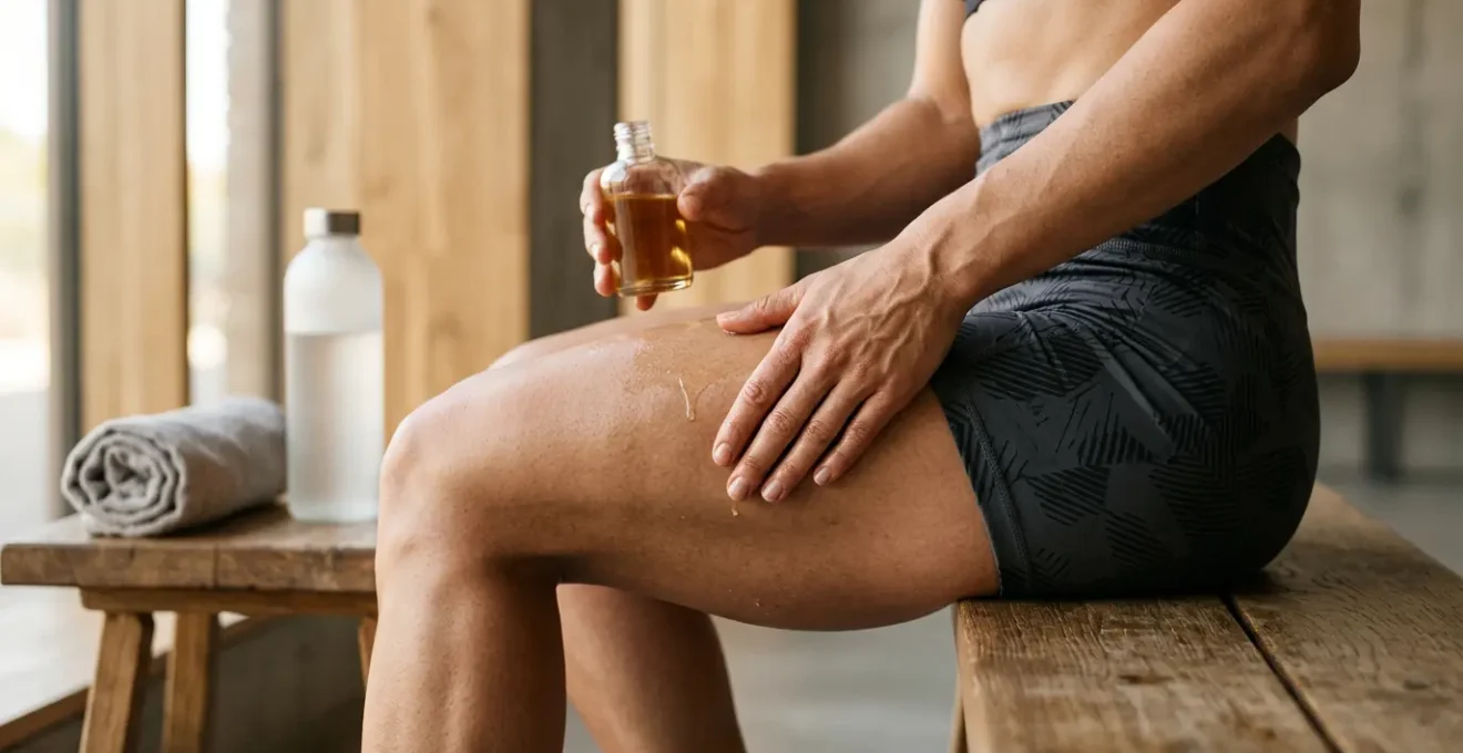 Application d'huile de massage CBD sur muscle après l'effort sportif pour la récupération