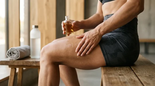 Application d'huile de massage CBD sur muscle après l'effort sportif pour la récupération
