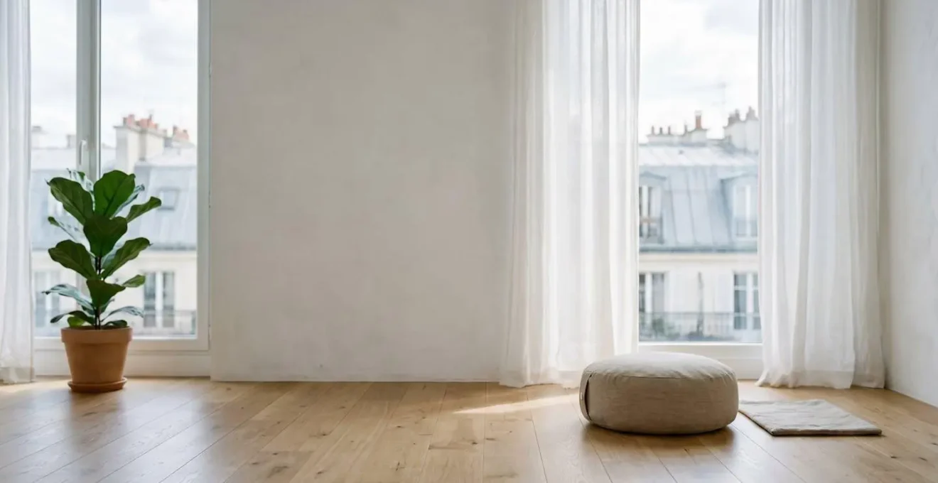 Espace de méditation minimaliste avec lumière naturelle douce et atmosphère apaisante