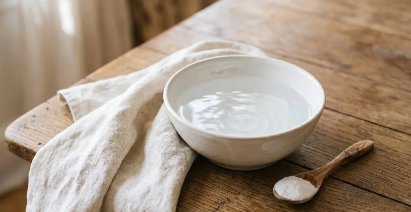 Vue symbolique d'éléments de nettoyage naturels pour entretien vaporisateur avec eau et bicarbonate