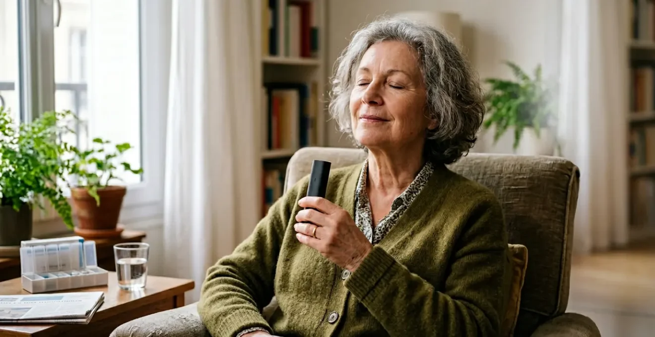 Personne âgée utilisant un vaporisateur de CBD dans un moment de soulagement, avec un environnement calme et rassurant