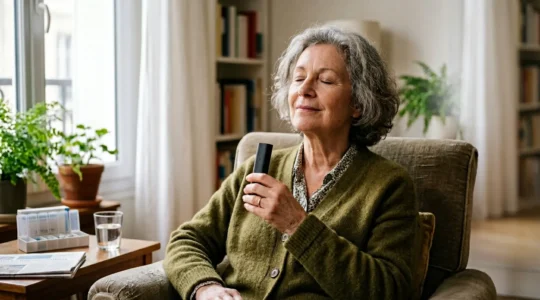 Personne âgée utilisant un vaporisateur de CBD dans un moment de soulagement, avec un environnement calme et rassurant