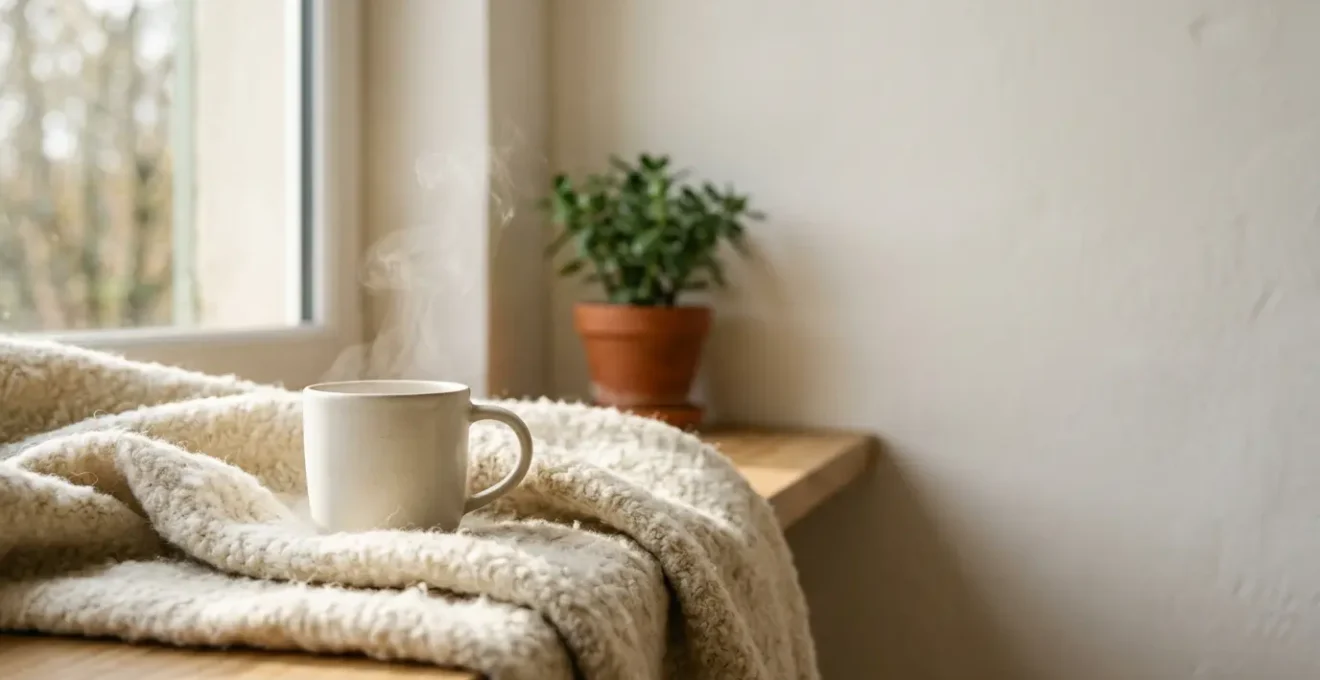Moment de détente bien-être avec tisane fumante dans un cocon chaleureux, atmosphère sereine et réconfortante