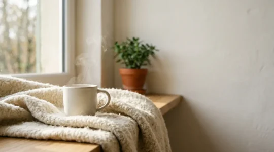 Moment de détente bien-être avec tisane fumante dans un cocon chaleureux, atmosphère sereine et réconfortante