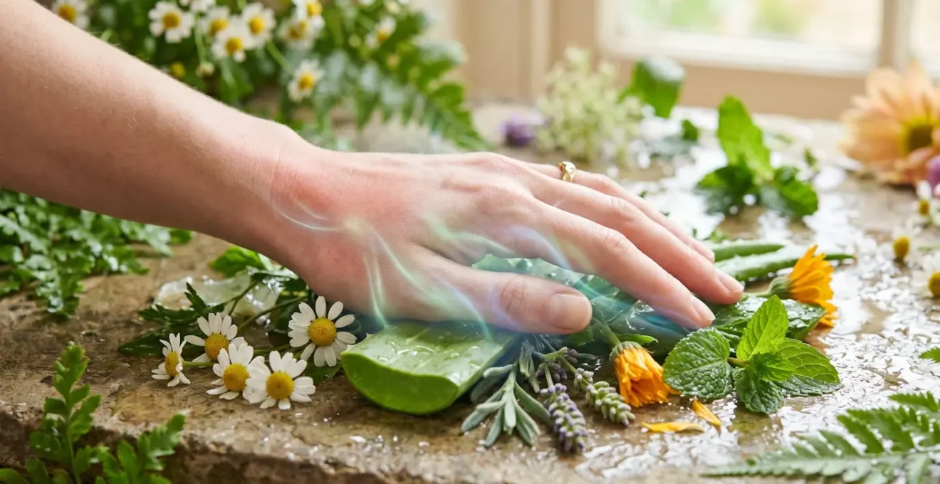 Représentation symbolique de l'apaisement cutané avec des éléments naturels évoquant la réduction des rougeurs et l'effet anti-inflammatoire
