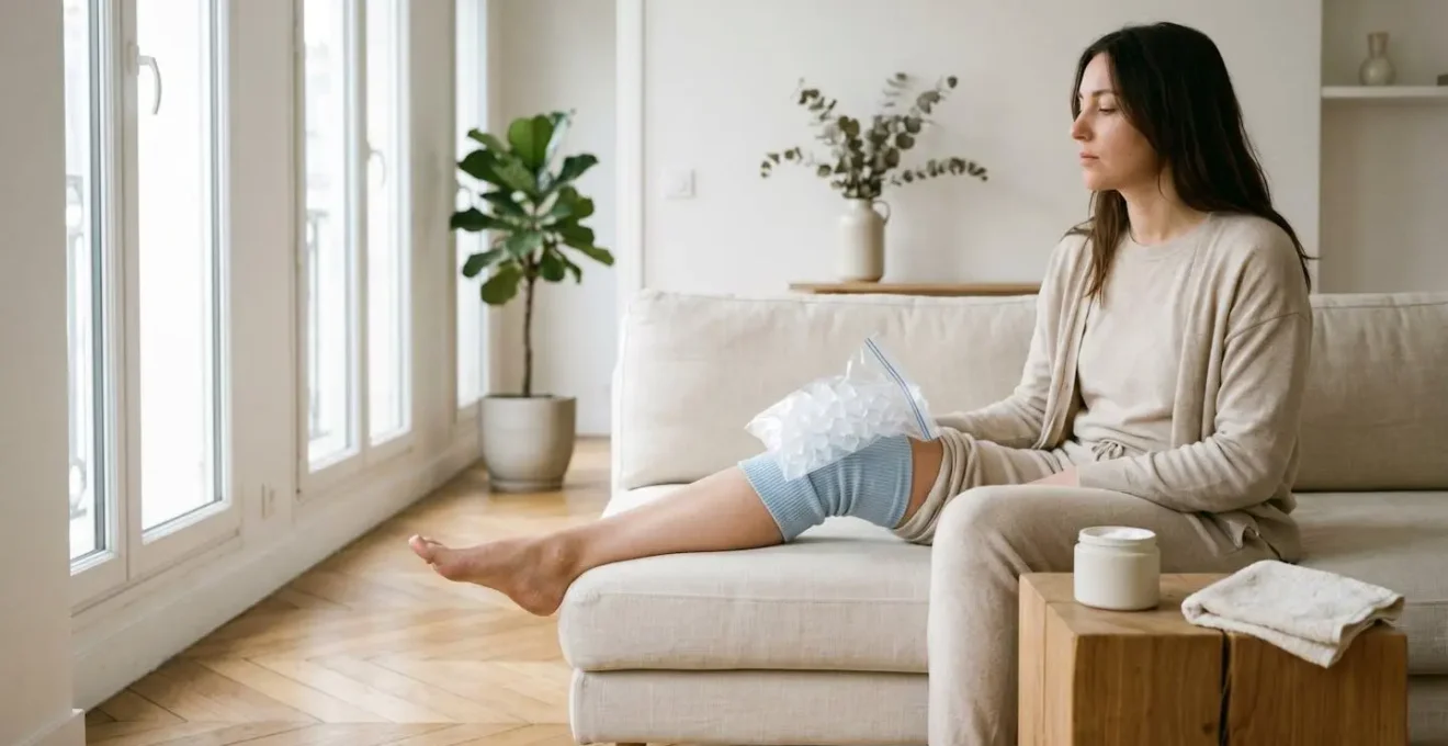 Application d'une poche de glace suivie d'une crème au CBD sur un genou inflammé pour réduire la douleur