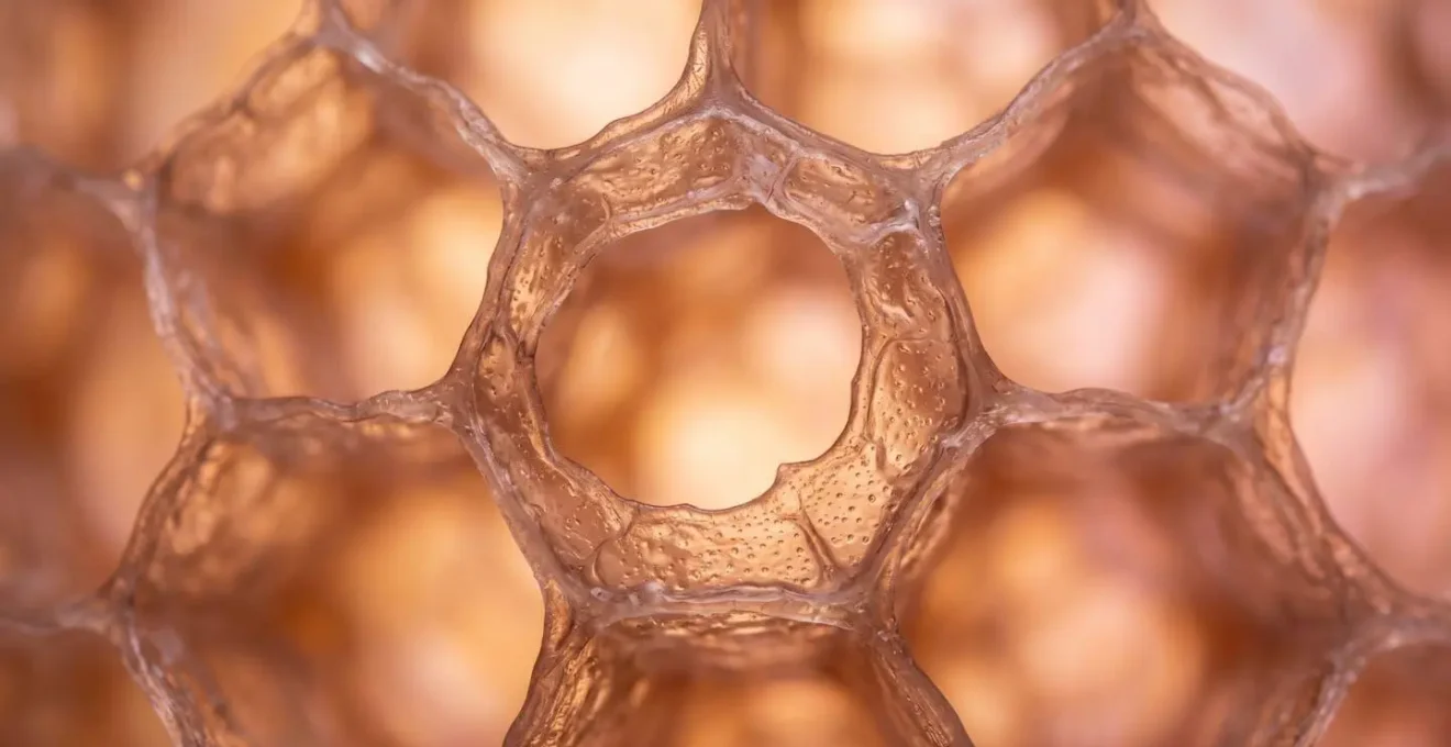 Macro extrême d'une structure organique évoquant les alvéoles pulmonaires