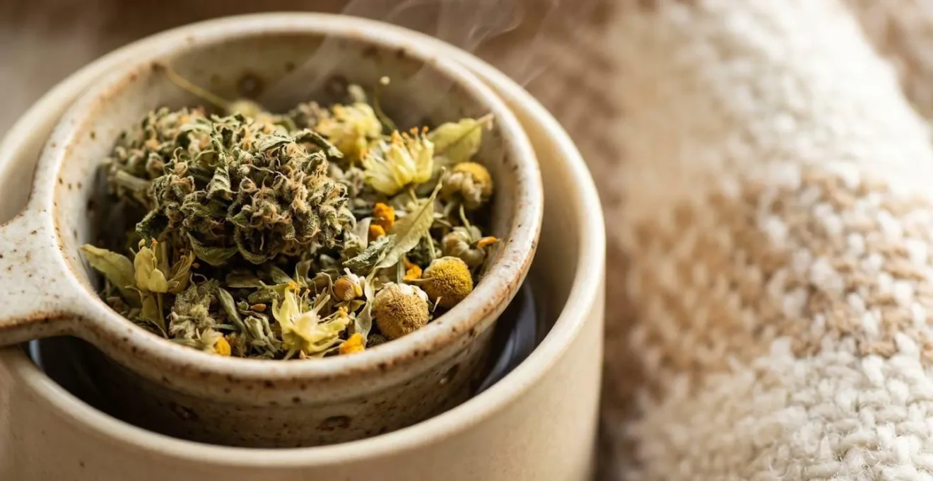 Préparation rituelle d'une tisane au CBD dans une ambiance cocooning chaleureuse à la française