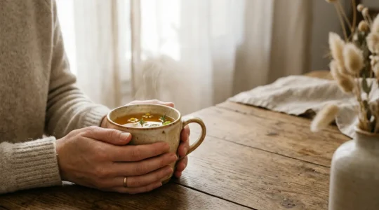 Moment de détente avec une tasse de tisane au chanvre dans un environnement apaisant