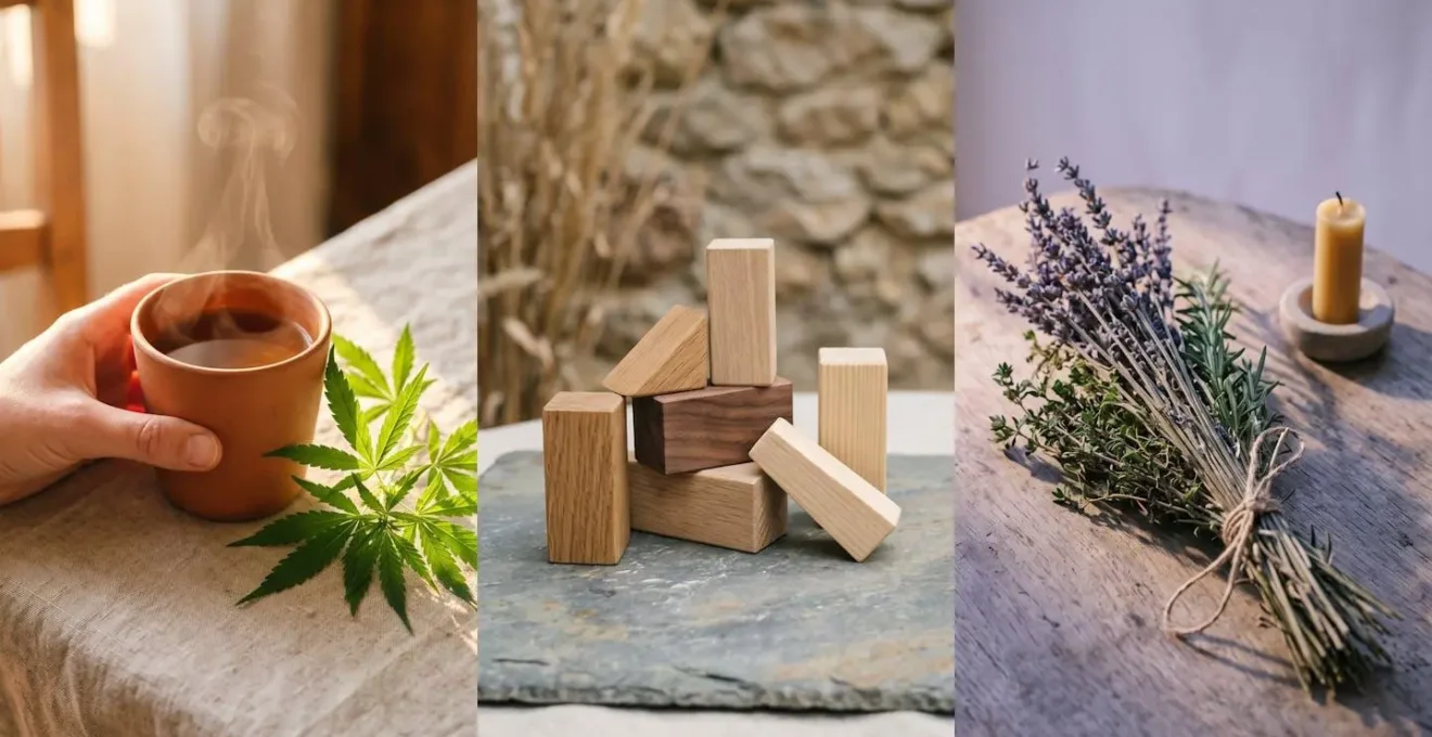 Séquence visuelle illustrant trois moments de la journée avec des éléments naturels évoquant une routine bien-être progressive