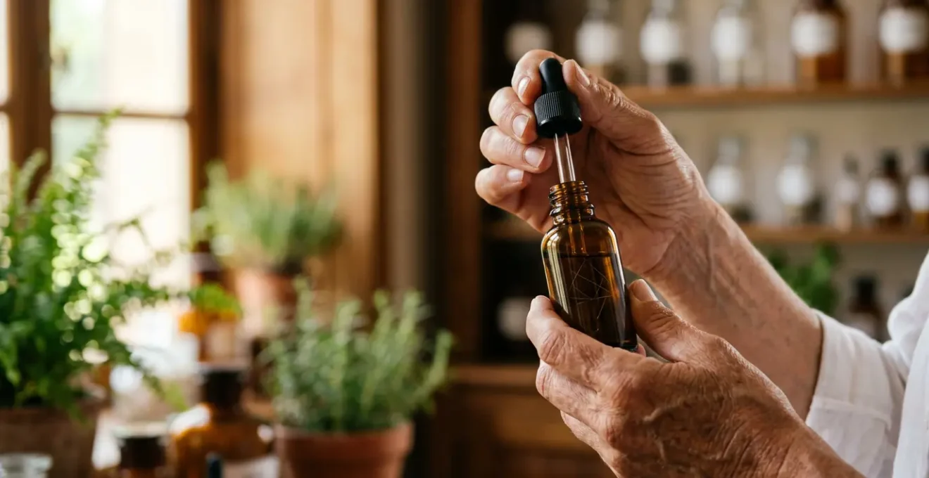 Personne tenant une fiole d'huile de CBD dans une atmosphère apaisante, symbolisant le soulagement naturel des douleurs chroniques