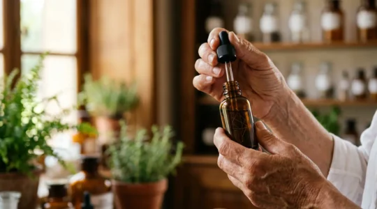Personne tenant une fiole d'huile de CBD dans une atmosphère apaisante, symbolisant le soulagement naturel des douleurs chroniques