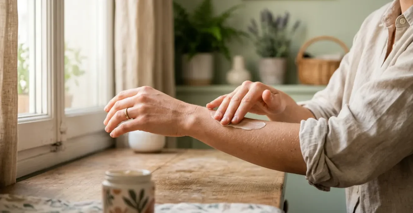 Personne sereine appliquant un baume naturel sur une zone musculaire dans une atmosphère apaisante