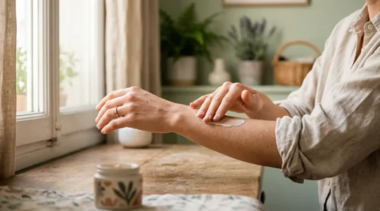 Personne sereine appliquant un baume naturel sur une zone musculaire dans une atmosphère apaisante