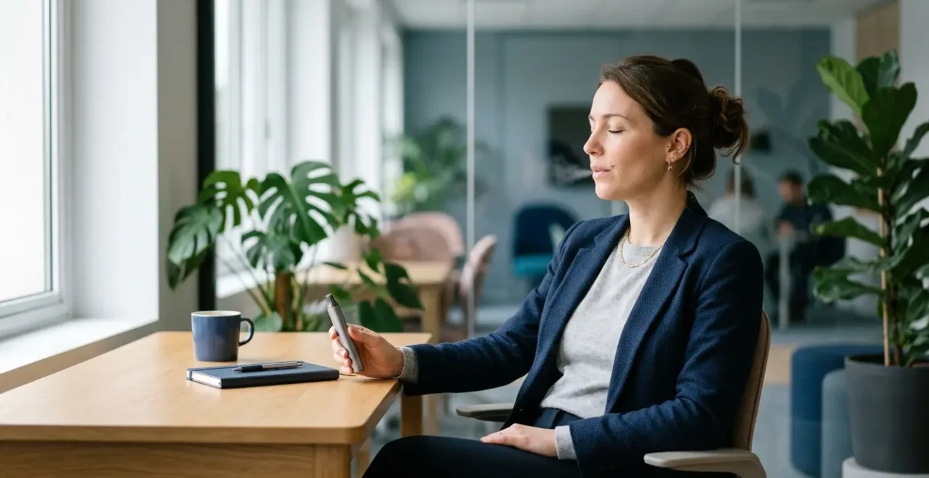 Professionnel en pause bien-être avec vapoteuse discrète dans un environnement de bureau moderne et apaisant
