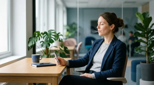 Professionnel en pause bien-être avec vapoteuse discrète dans un environnement de bureau moderne et apaisant