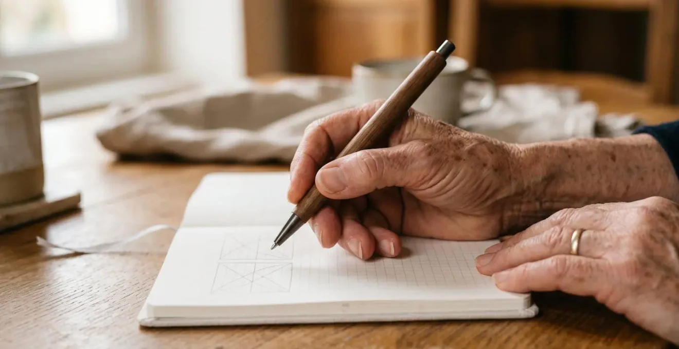 Mains d'une personne senior remplissant un journal de santé avec soin, symbolisant le suivi de sa qualité de vie.