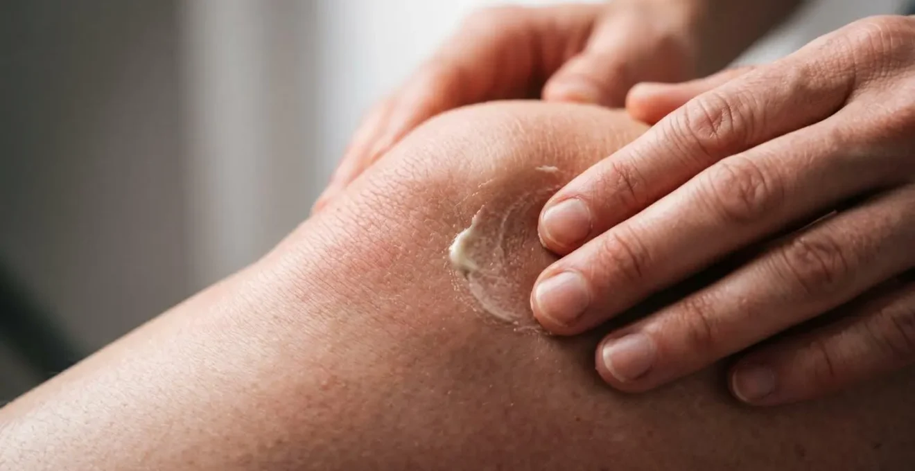 Démonstration d'une technique de massage circulaire du genou avec une crème au CBD pour soulager l'arthrose